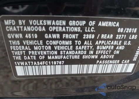 2015 Volkswagen Passat 1.8T Limited Edition from USA, damaged, VIN 1VWAT7A34FC119767
